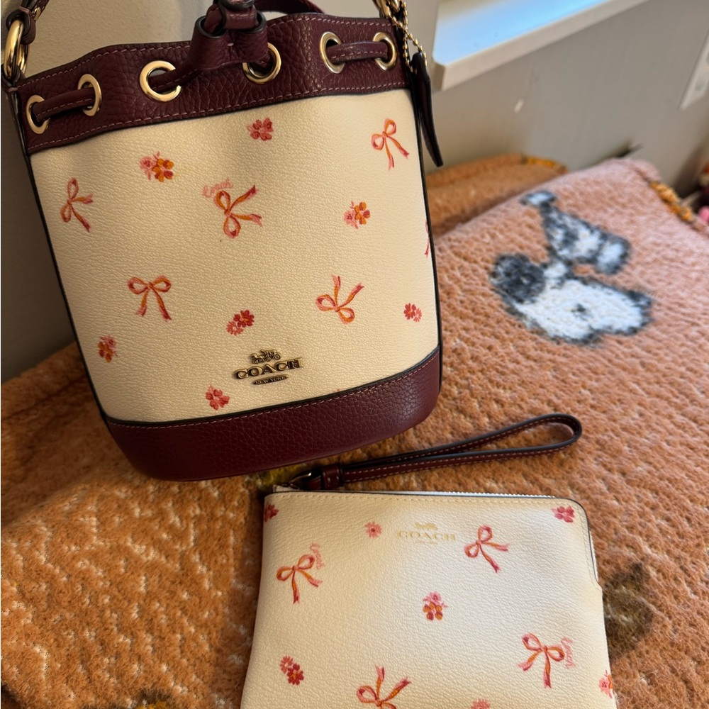 Coach Cream and Burgundy Mini Bag with Floral and Bow Accents